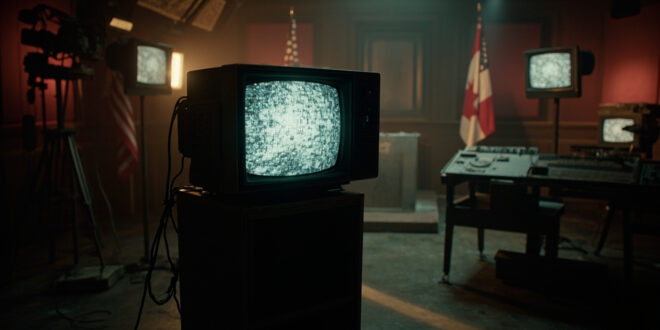 Vintage television set with antennas in broadcast studio, flags draped over empty podium, control panels in background