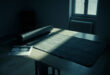 Empty yoga mat and medical scan on desk in sparse room with window light casting long shadows across hardwood floor