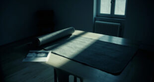 Empty yoga mat and medical scan on desk in sparse room with window light casting long shadows across hardwood floor