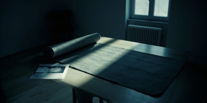 Empty yoga mat and medical scan on desk in sparse room with window light casting long shadows across hardwood floor
