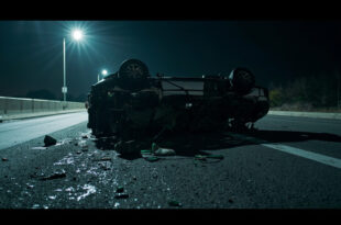 Overturned damaged SUV wreckage on empty highway at night with scattered debris and emergency lighting