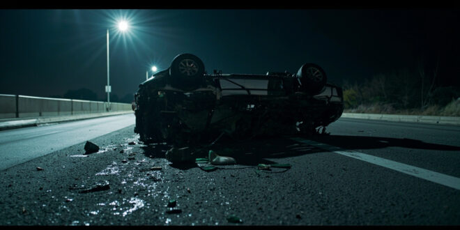 Overturned damaged SUV wreckage on empty highway at night with scattered debris and emergency lighting