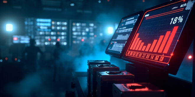 Digital election results display showing vote percentages and colored bar graphs in a modern control room