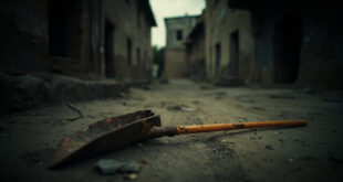 Broken shovel with splintered handle lies abandoned on cracked earth in Indian village courtyard