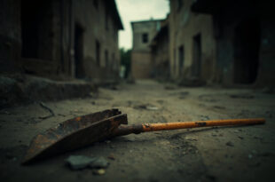 Broken shovel with splintered handle lies abandoned on cracked earth in Indian village courtyard