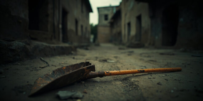 Broken shovel with splintered handle lies abandoned on cracked earth in Indian village courtyard
