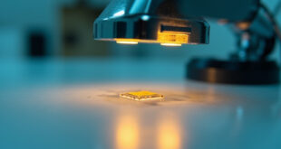 Close-up of pet microchip under scanning light in veterinary setting with medical instruments nearby