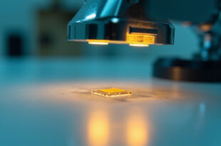 Close-up of pet microchip under scanning light in veterinary setting with medical instruments nearby