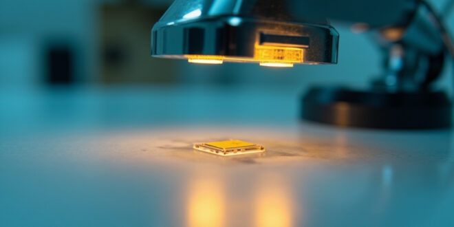 Close-up of pet microchip under scanning light in veterinary setting with medical instruments nearby