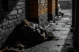 Weathered sleeping bag and scattered belongings in concrete doorway under bridge, rain-dampened cardboard boxes nearby