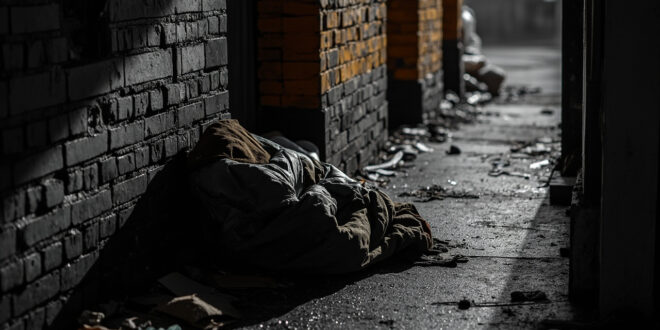 Weathered sleeping bag and scattered belongings in concrete doorway under bridge, rain-dampened cardboard boxes nearby
