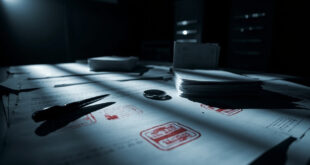 Stack of official documents with rubber stamps and ink pads on institutional desk surface