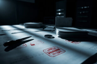 Stack of official documents with rubber stamps and ink pads on institutional desk surface