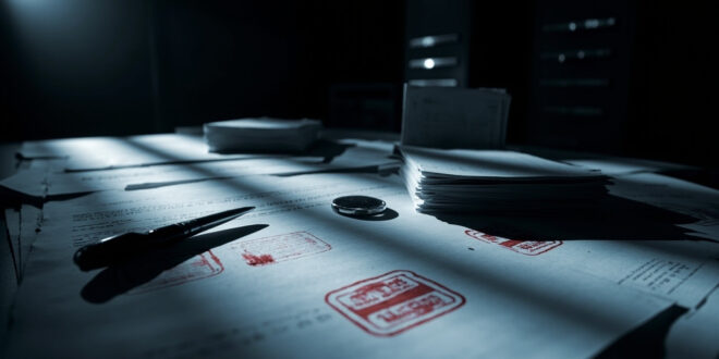 Stack of official documents with rubber stamps and ink pads on institutional desk surface