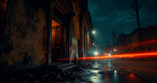 Charred mosque entrance door with fire damage and investigation markers on residential street at night
