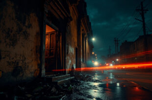 Charred mosque entrance door with fire damage and investigation markers on residential street at night