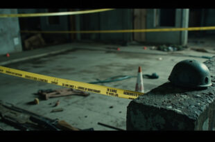 Tactical helmet and equipment on concrete barrier with yellow warning tape in empty training area