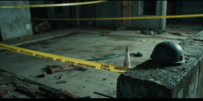 Tactical helmet and equipment on concrete barrier with yellow warning tape in empty training area