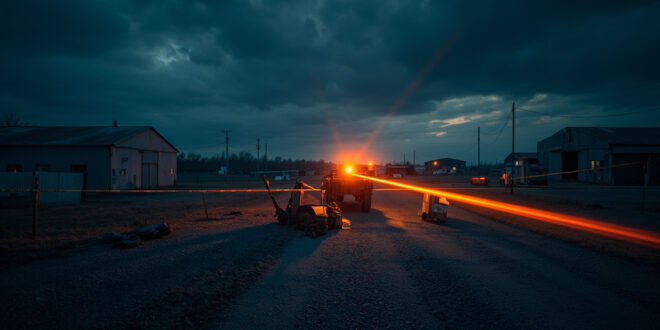 Emergency lights illuminate cordoned-off training area with scattered tactical gear and barrier tape at dusk