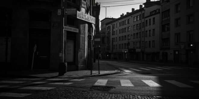 Empty Berlin street corner with weathered signpost and residential buildings under overcast evening sky