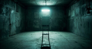 Empty metal chair in stark police interrogation room under bright fluorescent lights