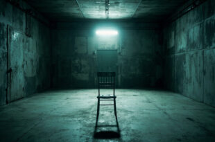 Empty metal chair in stark police interrogation room under bright fluorescent lights