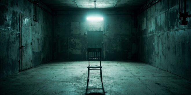 Empty metal chair in stark police interrogation room under bright fluorescent lights