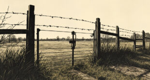 Three-tier wooden fence enclosing an empty pasture under overcast sky in rural landscape