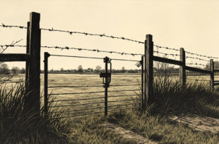 Three-tier wooden fence enclosing an empty pasture under overcast sky in rural landscape