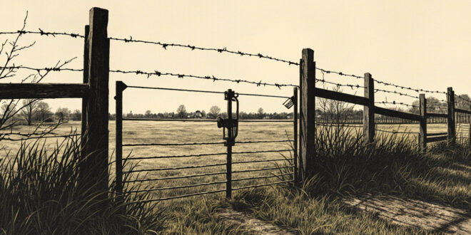Three-tier wooden fence enclosing an empty pasture under overcast sky in rural landscape