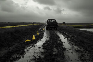 Tire tracks on muddy field road with yellow evidence markers under gray sky in rural countryside