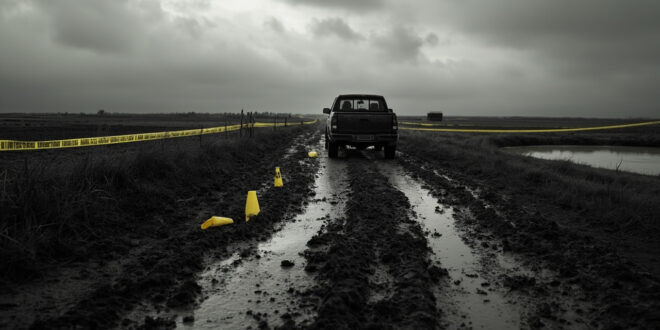 Tire tracks on muddy field road with yellow evidence markers under gray sky in rural countryside