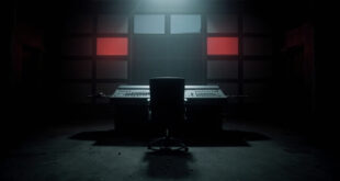 Dark television control room with empty chair and switched-off monitors in cold blue lighting