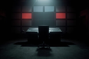 Dark television control room with empty chair and switched-off monitors in cold blue lighting