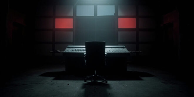 Dark television control room with empty chair and switched-off monitors in cold blue lighting