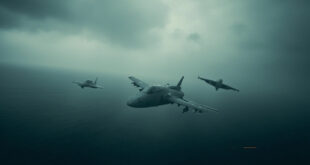 Military aircraft silhouettes flying over grey Baltic Sea waters under overcast sky with dramatic clouded horizon