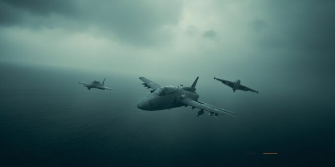 Military aircraft silhouettes flying over grey Baltic Sea waters under overcast sky with dramatic clouded horizon