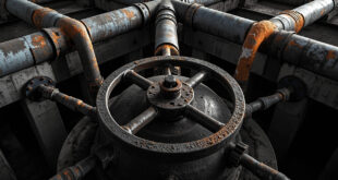 Weathered steel gas valve wheel on industrial pipeline junction with multiple pipe branches in industrial setting
