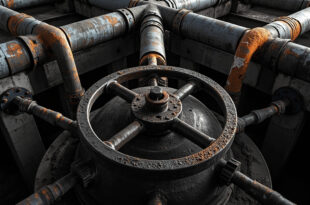 Weathered steel gas valve wheel on industrial pipeline junction with multiple pipe branches in industrial setting