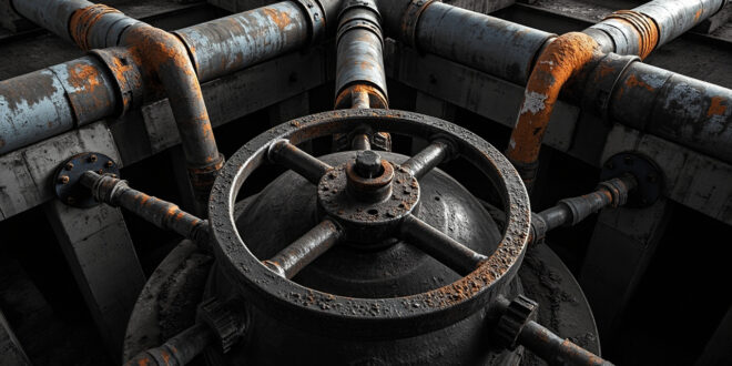 Weathered steel gas valve wheel on industrial pipeline junction with multiple pipe branches in industrial setting