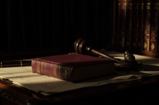 Closed hardcover book on dark wooden surface with shadows cast by window blinds and scattered papers nearby