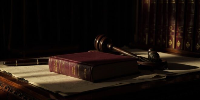 Closed hardcover book on dark wooden surface with shadows cast by window blinds and scattered papers nearby