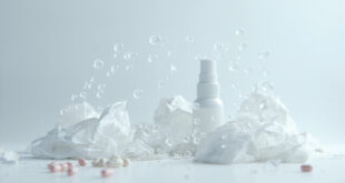 Crumpled tissues and cold medicine arranged on white surface with visible air droplets