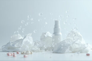 Crumpled tissues and cold medicine arranged on white surface with visible air droplets