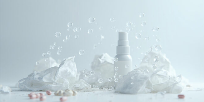 Crumpled tissues and cold medicine arranged on white surface with visible air droplets