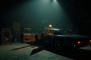 Open car door on dark soundstage with dramatic lighting and scattered memorial flowers nearby