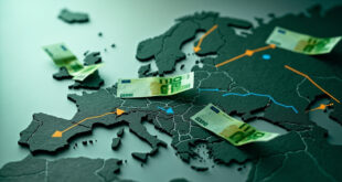 Euro banknotes and coins with directional arrows flowing across European country boundaries on dark background.