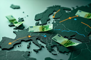 Euro banknotes and coins with directional arrows flowing across European country boundaries on dark background.