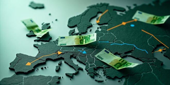 Euro banknotes and coins with directional arrows flowing across European country boundaries on dark background.