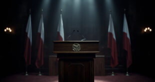 Empty wooden podium with microphone and Czech presidential seal in formal government chamber